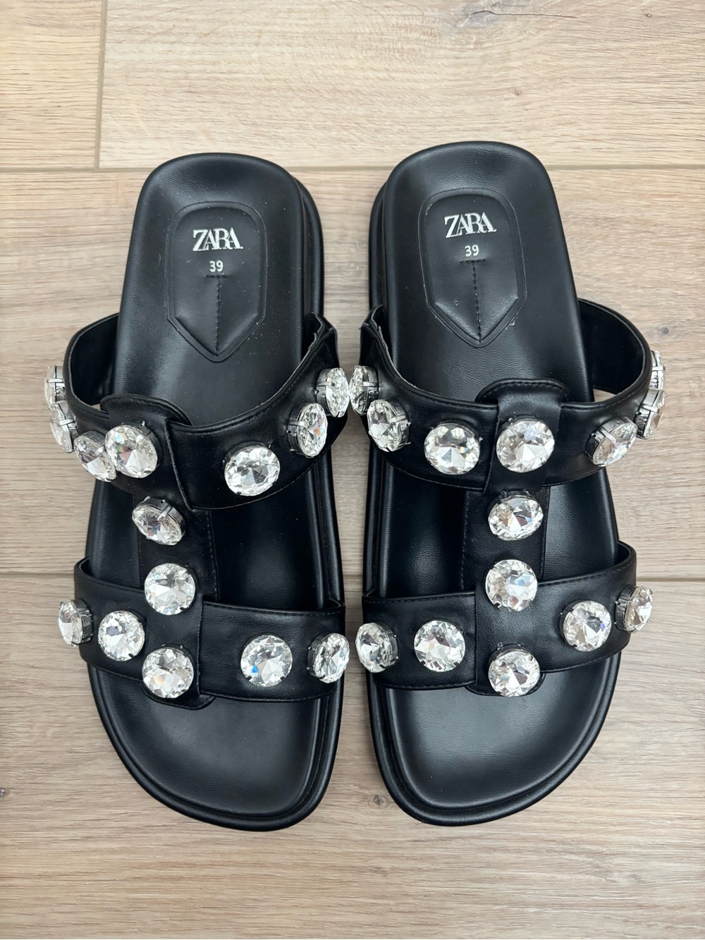 Zara Black Crystal-Embellished Slide Sandals Size 39
